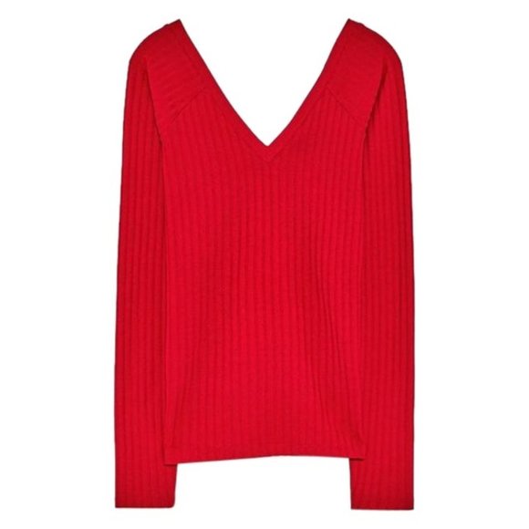 ZARA Red V-Neck Ribbed T-Shirt Long Sleeves - Picture 2 of 9